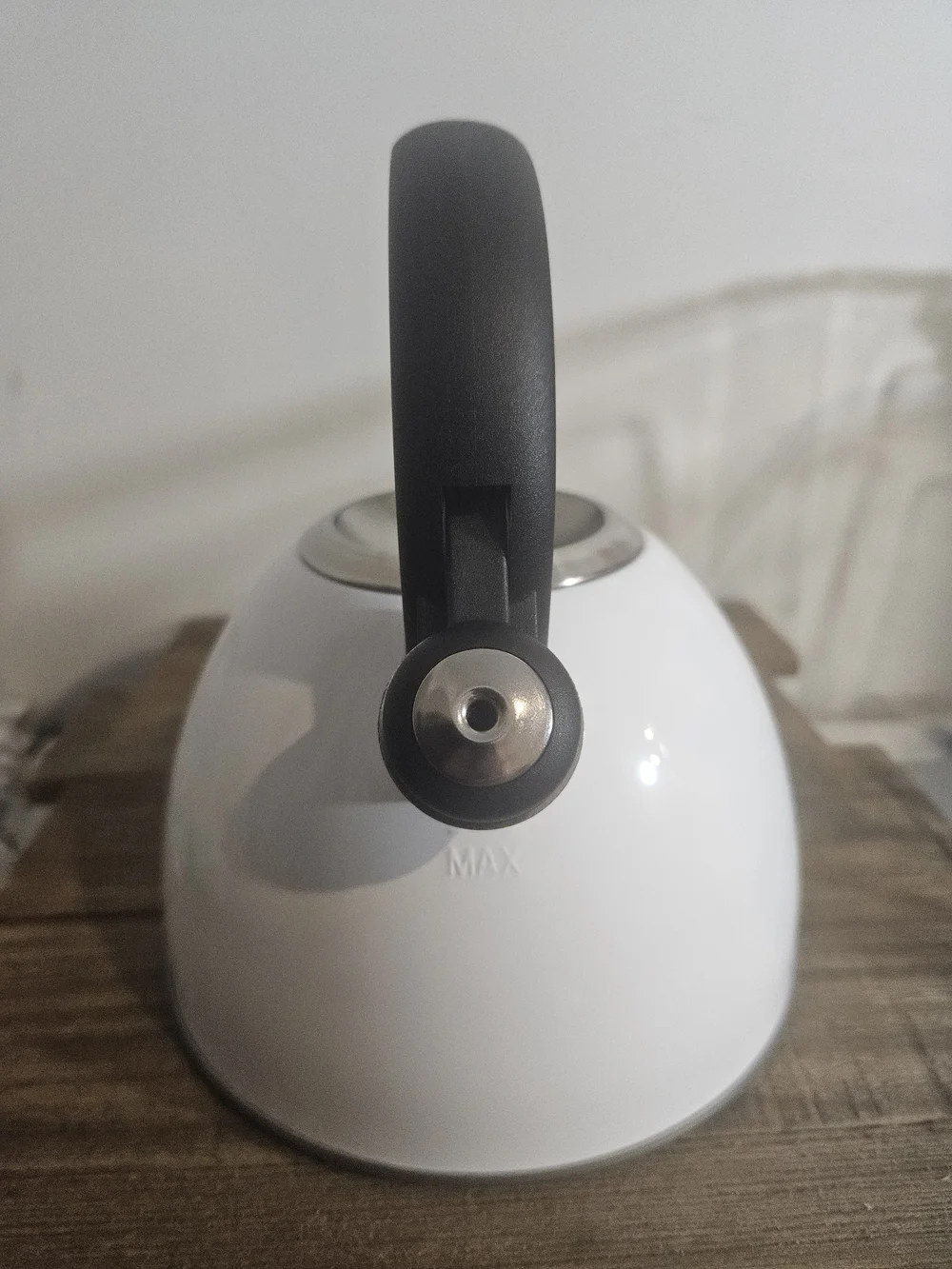 Pinkies Up Whistling Tea Kettle White/black New In Box.